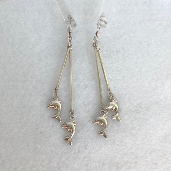 Sterling Silver 925 2.5" Long Bar Dainty Jumping Dolphin Dangle Earrings - Picture 6 of 16